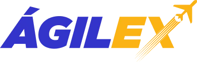 Logo oficial de Ágilex, empresa de envíos internacionales desde Colombia, con tipografía en azul y amarillo y el icono de un avión despegando que simboliza exportación y carga internacional.