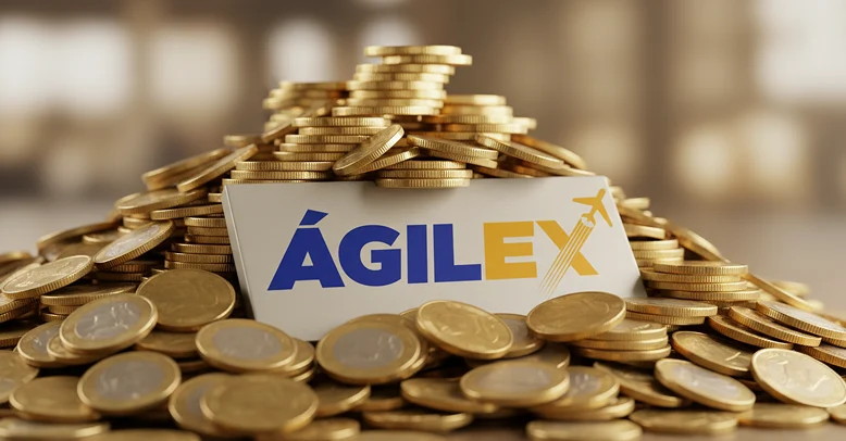 Tarjeta con el logo de Ágilex rodeada de montañas de monedas doradas y euros, simbolizando los beneficios económicos y el ahorro en impuestos de los envíos internacionales.