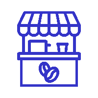 Icono de tienda o punto de venta con granos de café, representando exportaciones de Ágilex.