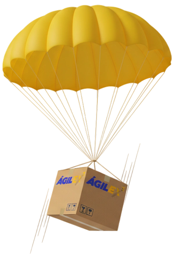 Ilustración de una caja de cartón con el logo de Ágilex descendiendo suavemente con un paracaídas amarillo, representando la entrega directa y segura de envíos internacionales.