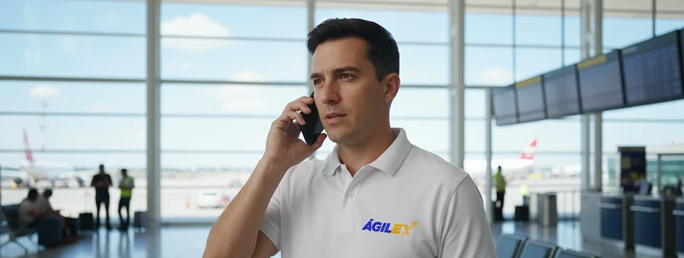 Asesor de Ágilex con uniforme corporativo hablando por teléfono en la terminal de un aeropuerto, brindando soporte y asesoría sobre envíos internacionales.