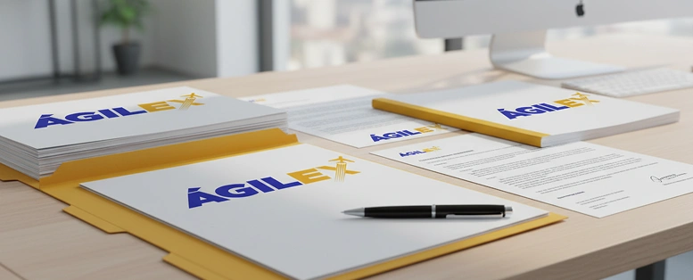 Documentos legales y carpetas corporativas con el logo de Ágilex sobre un escritorio de oficina, listos para ser enviados internacionalmente desde Colombia.