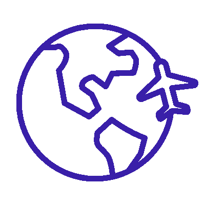 Icono animado en color azul de un avión volando alrededor de un globo terráqueo, simbolizando el servicio de exportación y transporte global de compras internacionales de Ágilex.