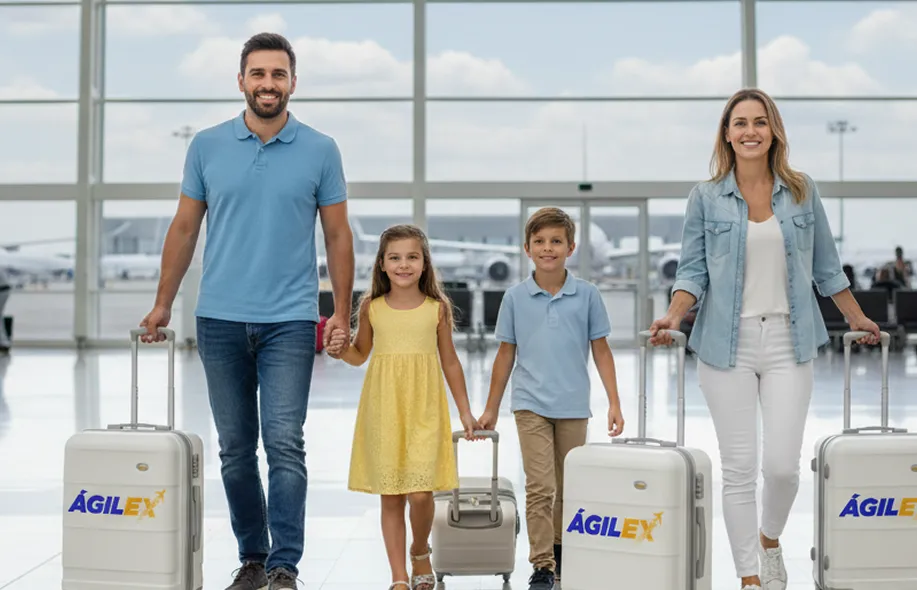 Familia en un aeropuerto utilizando el servicio de transporte de equipaje de Ágilex, ilustrando el proceso de exportación simplificada de efectos personales desde Colombia.