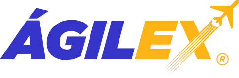 Logo oficial de Ágilex, expertos en soluciones de logística internacional, e-commerce y envíos desde Colombia al mundo, con tipografía azul y símbolo de avión amarillo.