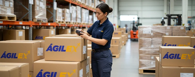 Una colaboradora de Ágilex con uniforme azul escaneando cuidadosamente una caja de cartón en un almacén organizado, representando el control operativo que brinda paz mental al cliente.