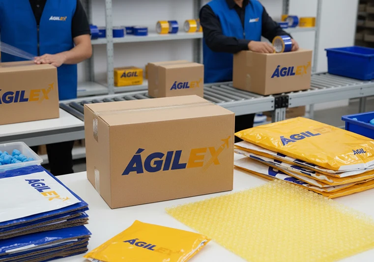 Estación de empaque de Ágilex con cajas de cartón, sobres amarillos acolchados y plástico de burbujas, donde operarios preparan pedidos con materiales de protección de alta calidad.