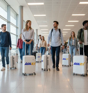 Grupo de viajeros hombres y mujeres caminando por un pasillo moderno de aeropuerto, cada uno con una maleta blanca de Ágilex, luciendo relajados y sin cargas pesadas.