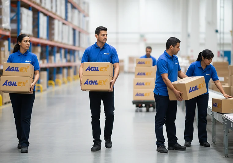 Equipo de operarios de Ágilex con uniformes azules transportando y organizando cajas de pedidos en un pasillo de bodega, representando la fase de picking y procesamiento de órdenes.