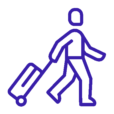 Icono animado en color azul de una persona caminando con una maleta de rodachines, simbolizando el servicio de recogida de equipaje y paquetes en el lugar de estancia del cliente.