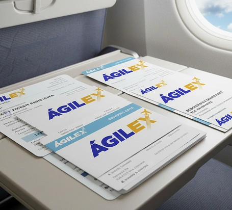 Documentos de envío con el logo de Ágilex sobre la mesa de un avión, representando la rapidez y seguridad del transporte aéreo internacional de documentos.