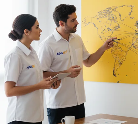 Un hombre y una mujer de Ágilex analizando un mapa mundial en una pantalla digital que muestra rutas logísticas desde Colombia hacia Norteamérica, Europa y Asia.