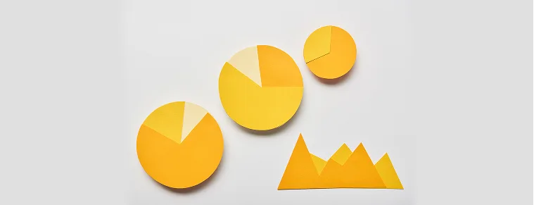 Gráficos de torta y barras en papel amarillo representando el análisis de recaudo internacional.