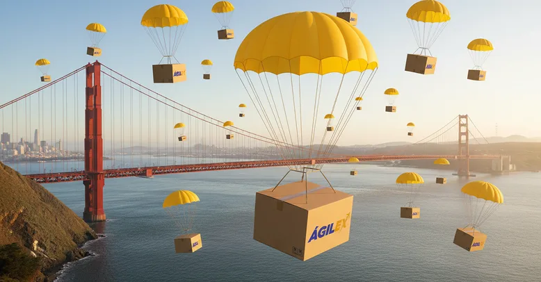 Paquetes de Ágilex llegando en paracaídas al Golden Gate como símbolo de envíos a EE.UU.