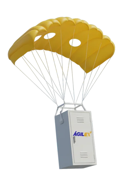 Gráfico de un casillero metálico gris con el logo de Ágilex, descendiendo con un paracaídas amarillo, representando el servicio de casillero virtual para compras internacionales.