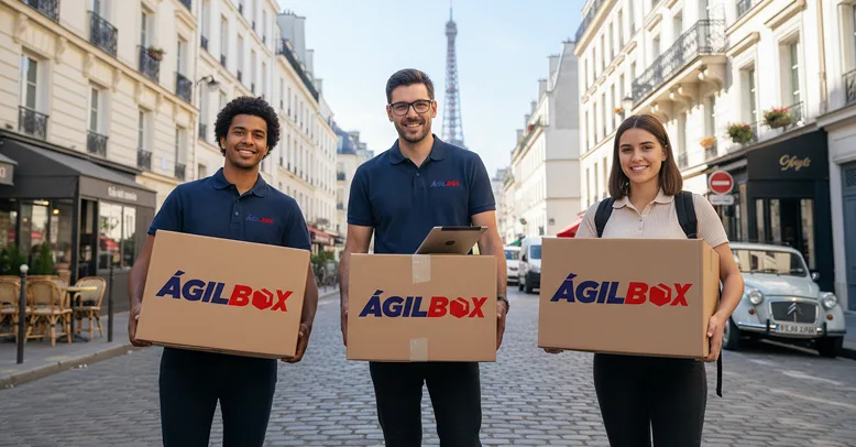 Equipo de Agilbox entregando paquetes internacionales con la Torre Eiffel de fondo