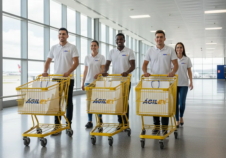 Equipo de Ágilex transportando pedidos en carritos de supermercado en un aeropuerto para fulfillment.