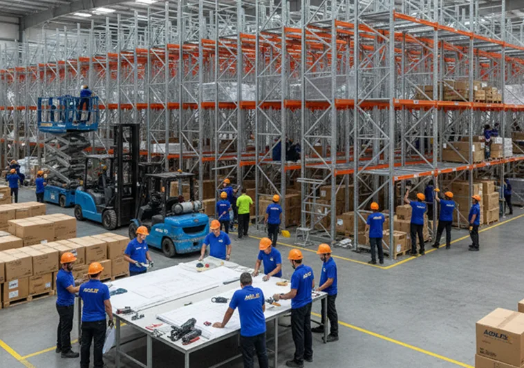 Equipo logístico de Ágilex gestionando almacenamiento y preparación de pedidos en bodega moderna.