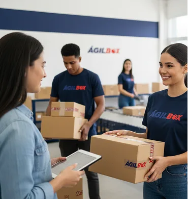 Personal de Agilbox gestionando paquetes en centro de logística internacional