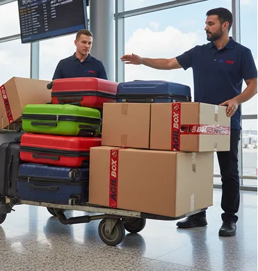 Personal de Ágilex gestionando envíos y maletas en un aeropuerto para servicio de casillero internacional