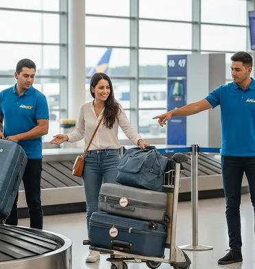 Personal de Ágilex ayudando a una clienta con equipaje en un aeropuerto para envíos internacionales.
