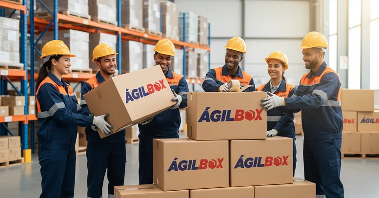 Equipo de operarios de Ágilbox preparando paquetes en bodega para envíos internacionales.