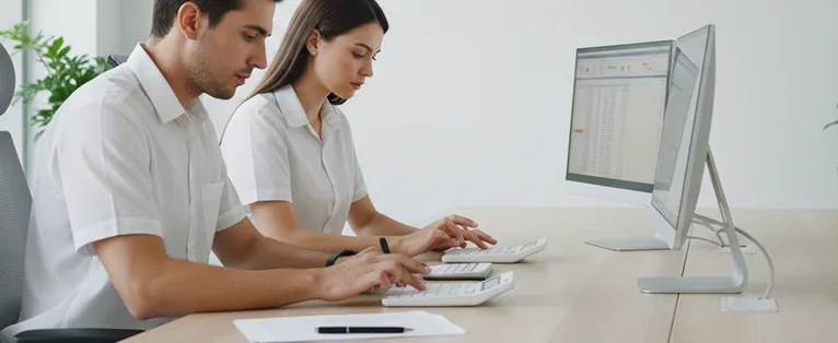 Dos especialistas de Ágilex concentrados trabajando con computadoras y calculadoras en una oficina blanca, realizando el costeo detallado de variables logísticas para envíos internacionales.