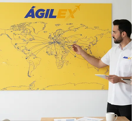 Consultor de Ágilex explicando rutas de fulfillment internacional frente a un mapa mundial.